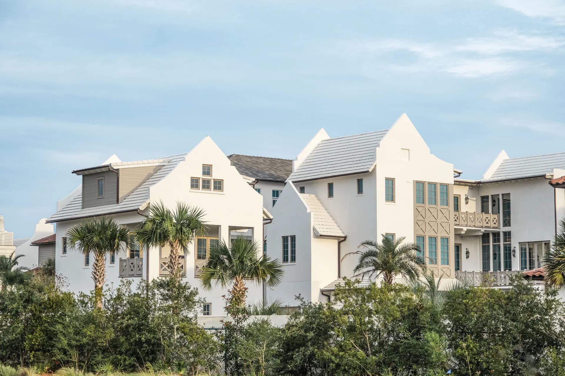 White coastal homes surrounded by palm trees
